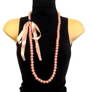 Pink Faux Pearl Beaded Fashion Necklace Ribbon Tie Costume Jewelry